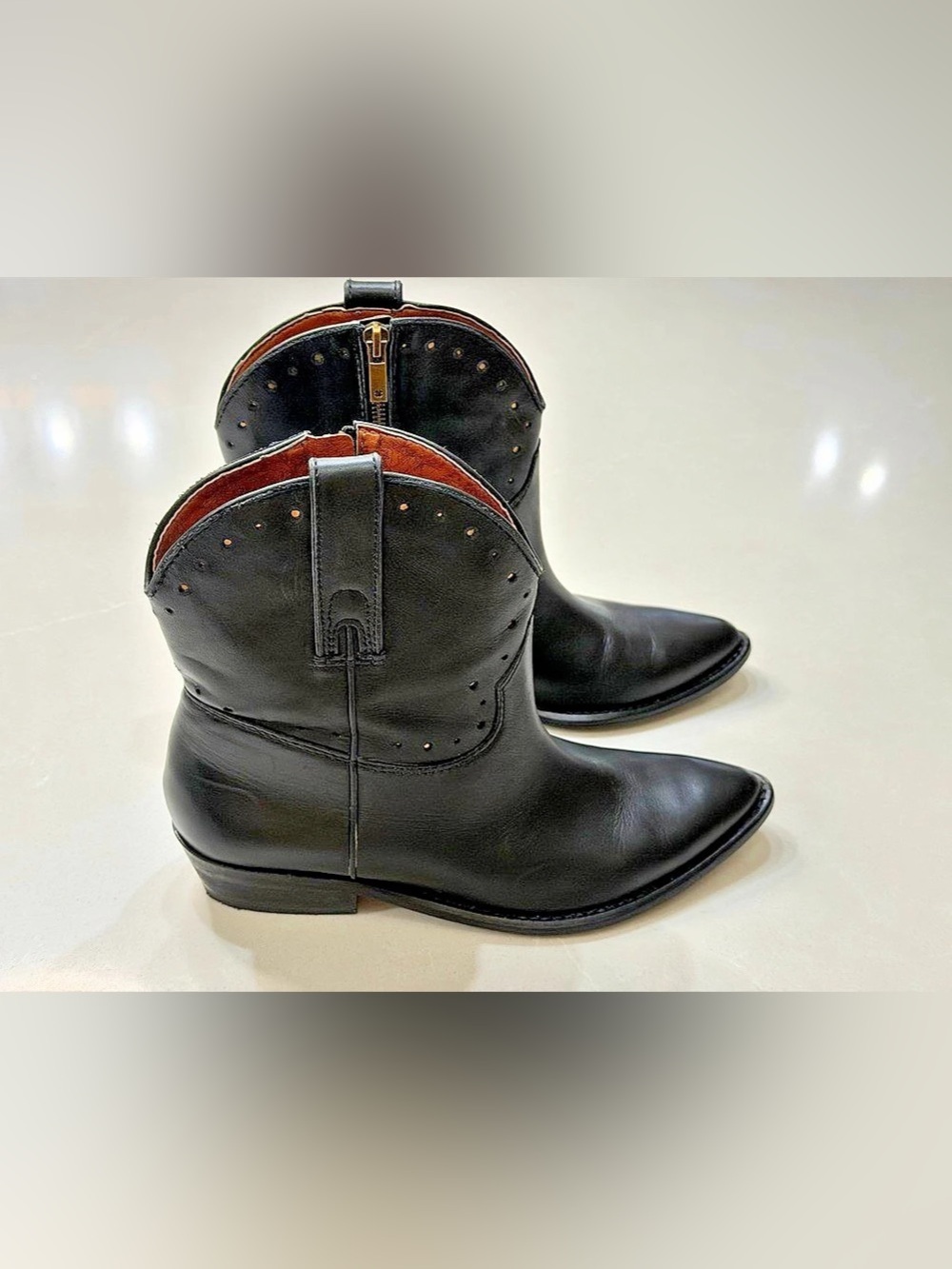 Lucky Brand ChantelX Black Vachetta Leather Western Ankle Booties Size 8.5M